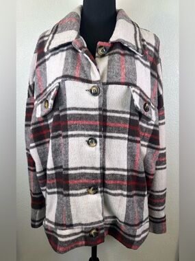 #147 - LuLaRoe Plaid Utility Shacket in Gray, White & Red